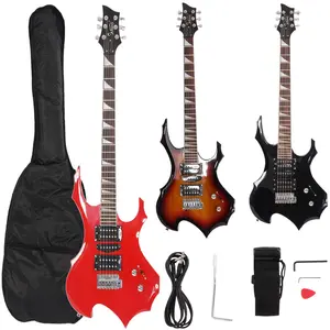 Flame Shaped Electric stand with 20W Sound HSH Pickup Novice Audio Bag Strap Picks Shake Cable Wrench Tool in Black Red or Sunset Color No Warranty Beginner's Kids Acoustic  Set slider unique lightweight cheap cheap wholesale underrated guitar Bass Guitar