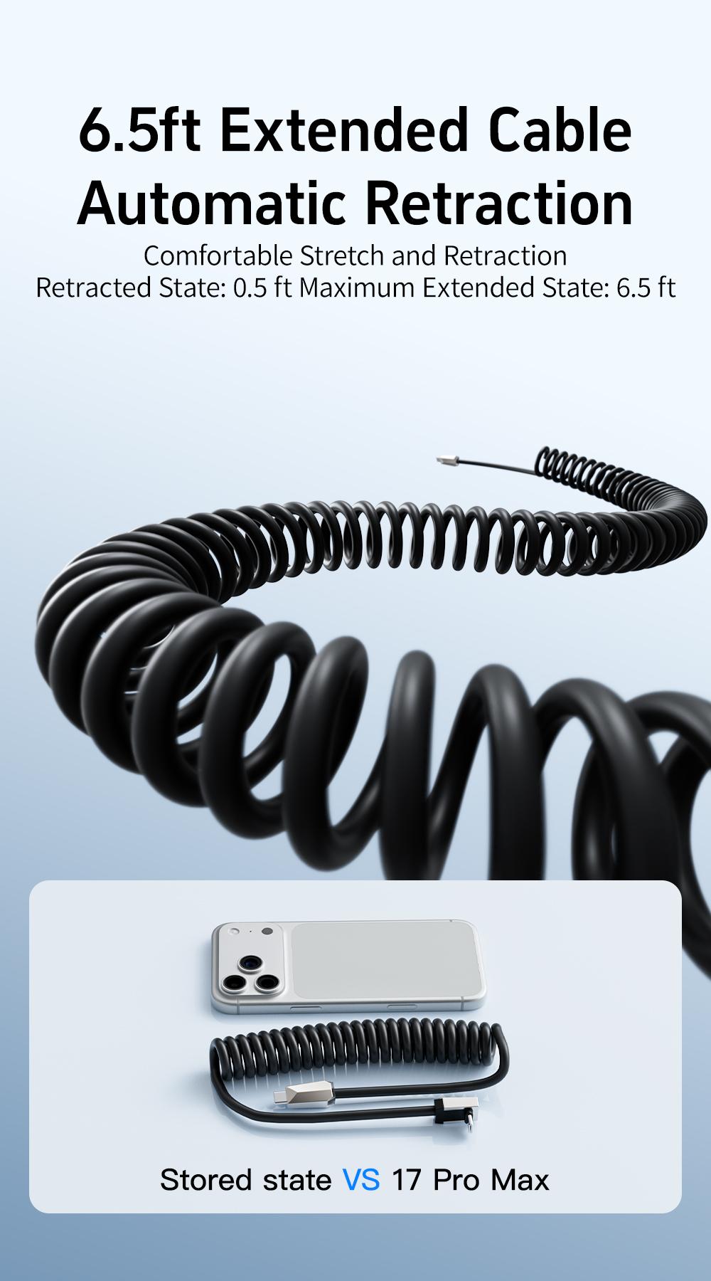 OOI 240W Coiled USB C to USB C Cable, 6.6FT Telescopic Cyber Head Right Angle C to C Cable Fast Charging, High-Speed Data Transfer for car, Ultimate Storage Fits iPhone 17 16 15 Series/ Samsung Galaxy Series/Pixel Series/Laptops/Pad