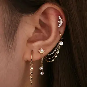 Light Luxury Delicate Layered Chain Tassel Earrings with Gemstone Cuff & Stud Combo Earring Set Dangle Drop Hypoallergenic Earrings for Women Jewelry Gifts