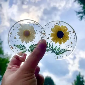 Daisy / Sunflower Gold Flake Car Cupholder Coasters Set of Two, Auto Accessory, New Car Gift for Her, Cute Boho Hippy Flower Decor For Women