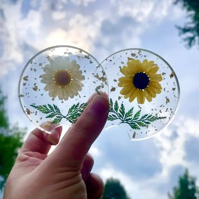 Daisy / Sunflower Gold Flake Car Cupholder Coasters Set of Two, Auto Accessory, New Car Gift for Her, Cute Boho Hippy Flower Decor For Women