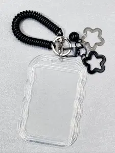 Heavy Duty Retractable ID Holder with Star Keychain & Wrist Strap-Transparent PVC Wavy Card Holder Keychain Set with Slide Cover, Clear Card Holder + Spring Rope Keyring + Star Charms, ID Card for Student, School/Campus IDs, Credit Cards, Photocards-Back-