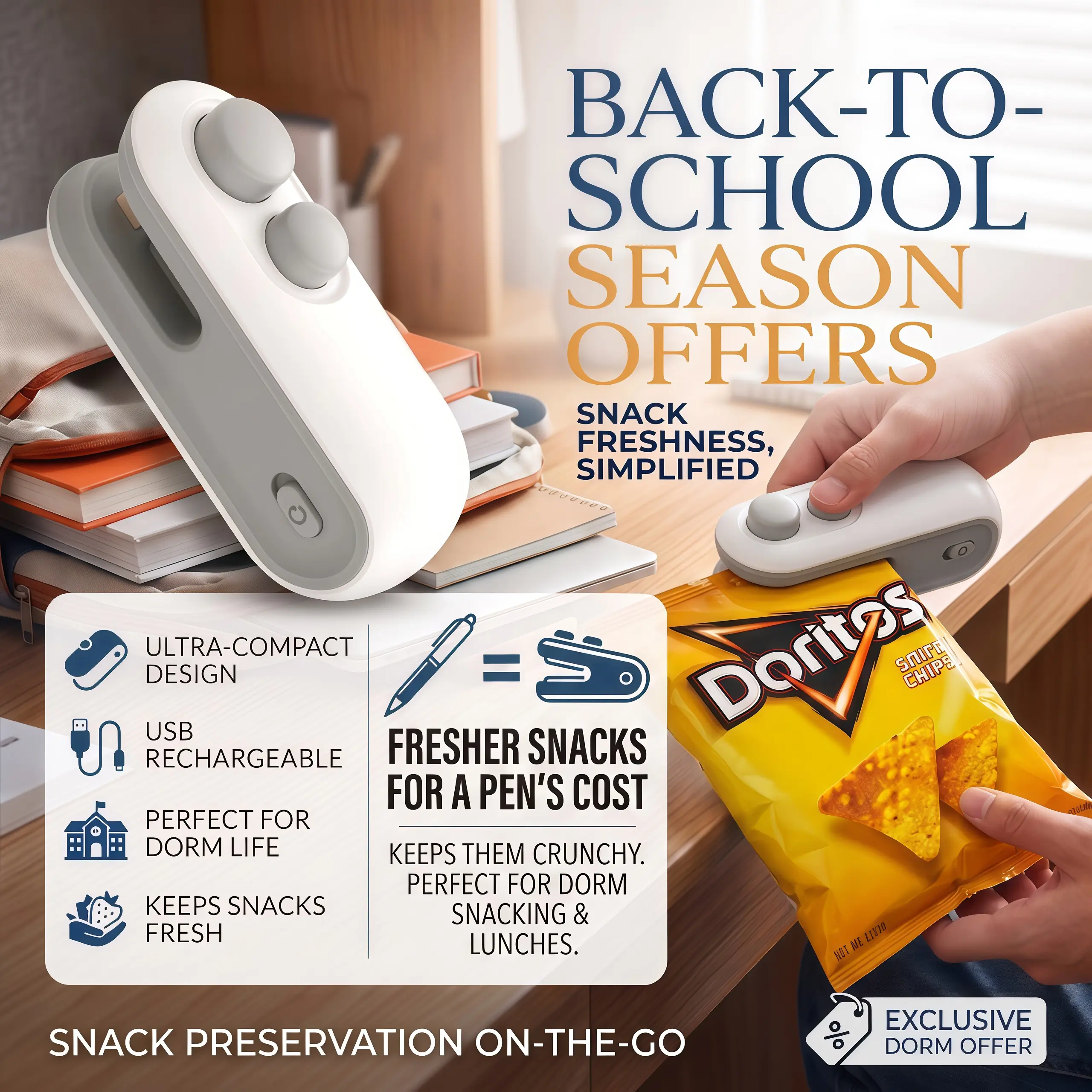 【Back to School】Mini 2-in-1 USB Rechargeable Heat Sealer, Back to School Essential Portable Electric Plastic Snack Bag Sealer, Dual-Use Seal & Cut Food Freshness Resealer, Compact Bag Sealing Machine for College Dorm, Picnic, Travel & Daily Snack Storage
