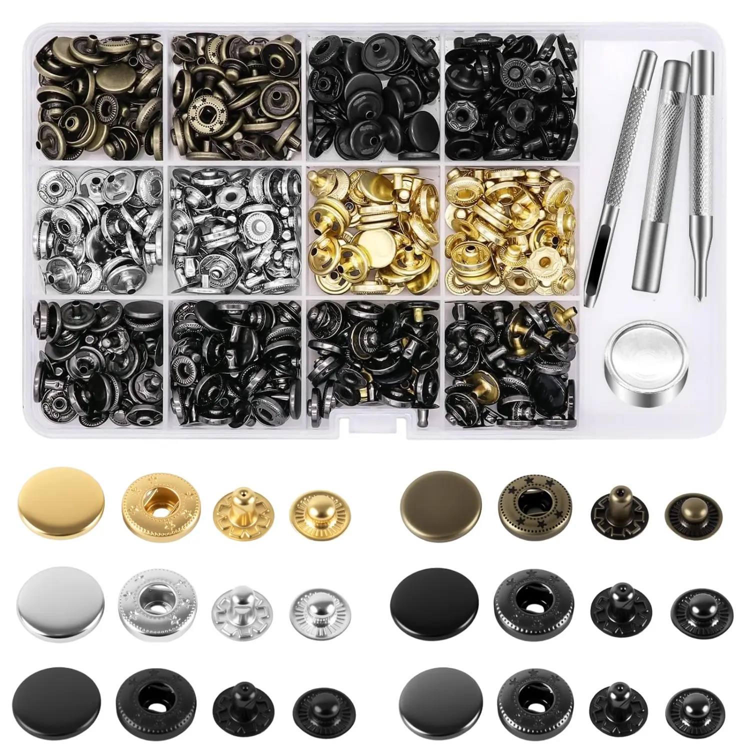 120 Set Leather Snap Fasteners Kit,12.5mm Metal Button Snaps Press Studs with 4 Setter Tools,6 Color Leather Snaps for Clothes,Jackets,Jeans Wears,Bracelets,Bags,Halloween Christmas Party Gifts,Hand Tools Kits