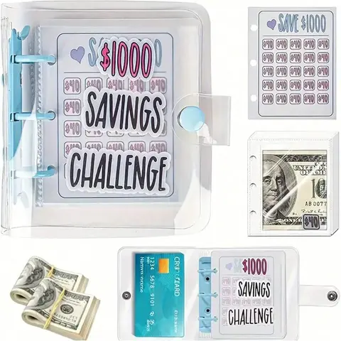 $1000 Savings Challenge Binder - Reusable Blue Tear-Resistant Planner Notebook, Financial Literacy Tool, Office Stationery Supplies, Cash Storage Wallet, 25-Pocket Waterproof PVC Home Organizer, Compact & On-The-Go Secure Holder