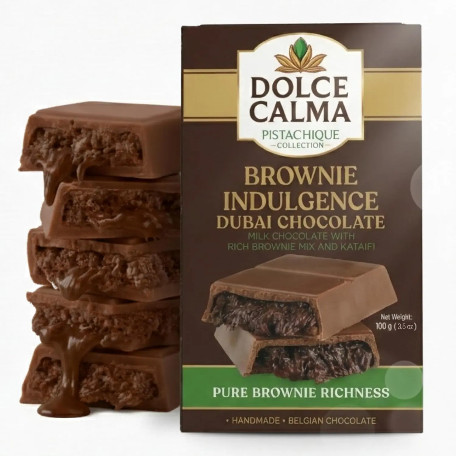 iral Dubai Brownie Chocolate Bar (100g / 3.5oz) – Authentic Handmade Belgian Chocolate with Turkish Pistachio & Crispy Kataifi, Premium Quality Luxury Cream Kunafa Filling, No Palm Oil