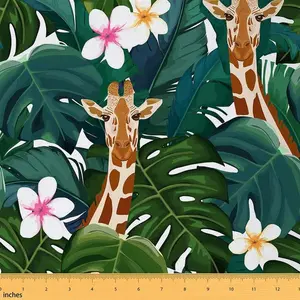 Cute Giraffe Fabric by The Yard,3 Yards,Botanical Floral Tropical Palm Leaf Print Upholstery Fabric,Flower Blossom Pattern Fabric