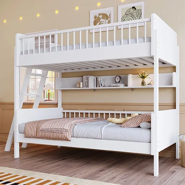 Bellemave Twin Size Solid Wood Bunk Bed - White Kids Indoor Furniture, 3 Storage Shelves, Reversible Left/Right Ladder