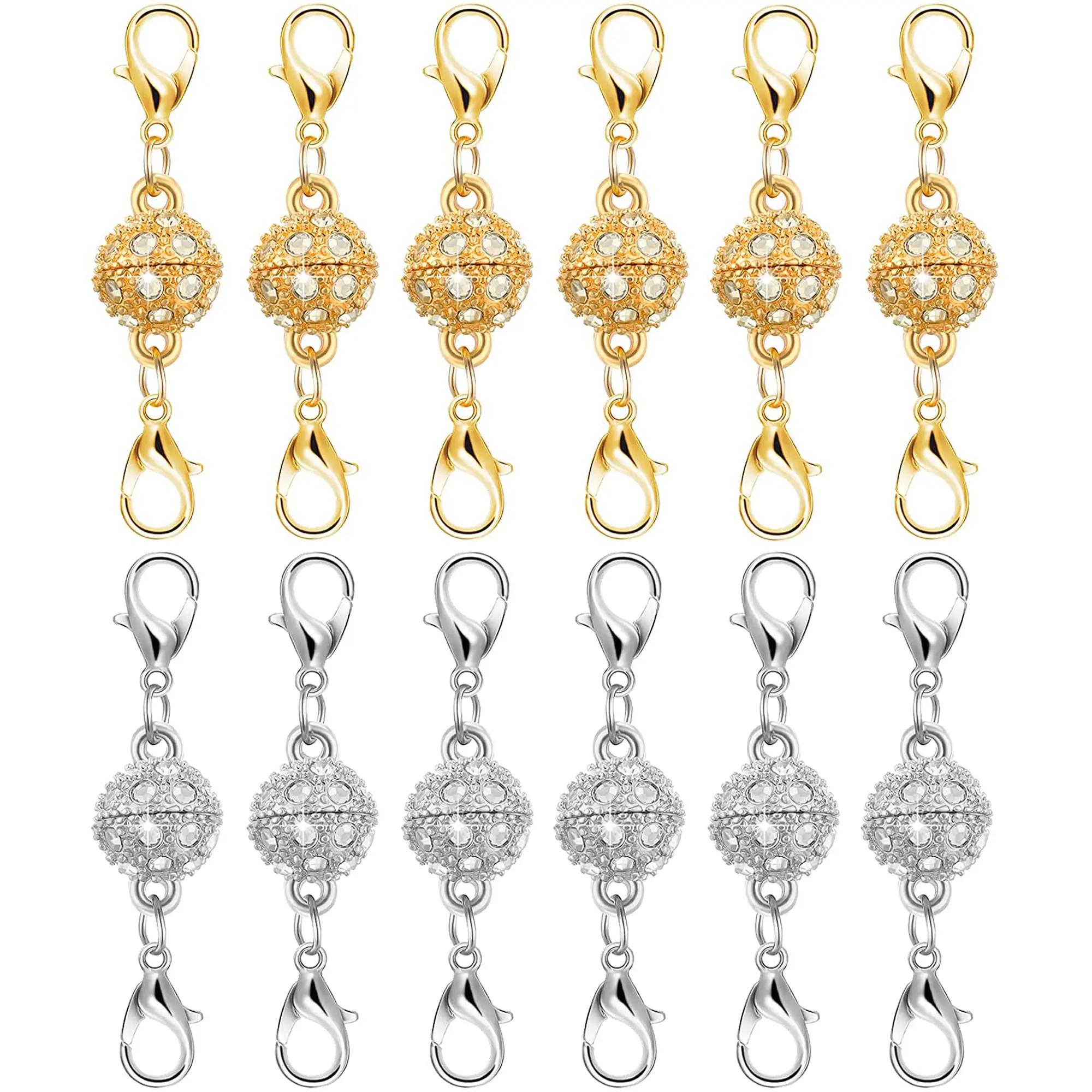 12Pcs Gold & Silver Metal Magnetic Necklace Clasps - Stainless Steel with Charm, Strong Magnet Jewelry Extender for Necklaces, Ideal for Jewelry Making (No Loose Connections)