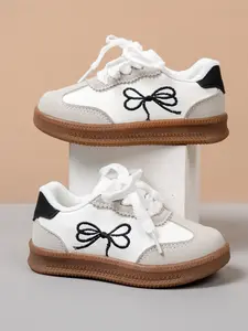 Bow Training Shoes, Boys' & Girls' Vintage Colorblock Casual Sneakers, Baby Lightweight Anti-Slip Walking Shoes, Bowknot Design Shoes