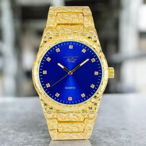 MaxBling81 Men's Luxury Gold Plated Analog Dress Watch - 43mm Round Alloy Case, Blue Dial, Adjustable Metal Band with Clasp, Gold Plated Watches, Nugget Bezel, Batteries, Golden Nugget Pattern, Boujee Luxury Quartz Watches