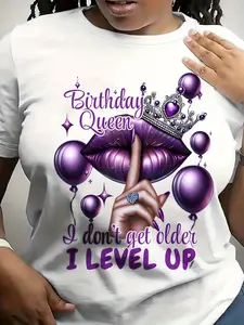 Women'S Funny Birthday Queen Graphic T-Shirt - "I Don't Get Older I Level Up" Slogan with Crown & Lip Print, Loose Fit Short Sleeve Crew Neck, Stretchy Medium Fabric, Machine Washable Casual Top for Casual Attire & Birthday Parties