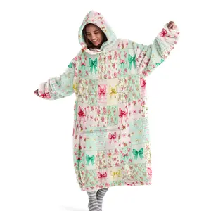 Hooded Blanket, Wearable Blanket, Floral Bow Patchwork Digital Print Flannel Blanket Soft and Warm Blanket Ideal for Sofa Throw, Home Relaxation Blanket, Air-Conditioned Blanket, Nap Blanket Perfect for Office, Bed, Camping, and Travel