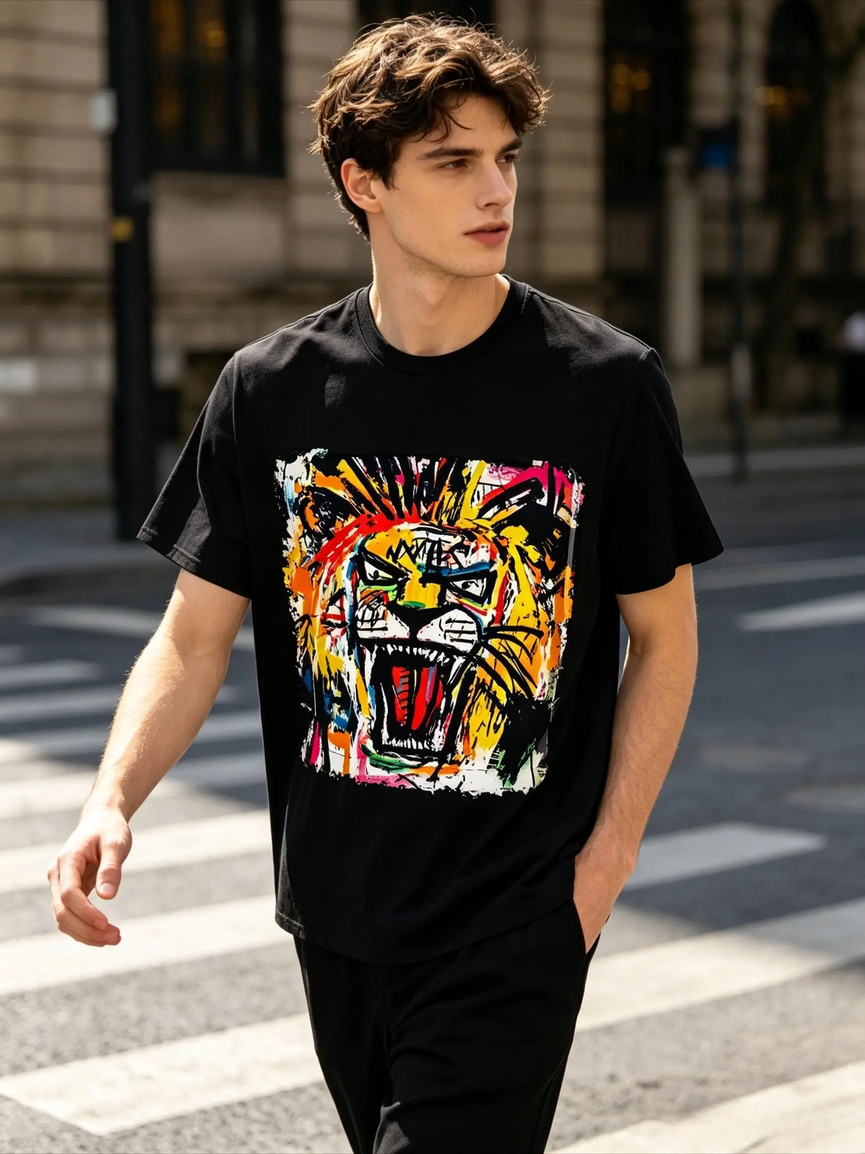 Bold Lion Graffiti Tee - Soft Cotton + Street Style Combined T-shirt men clothing summer party top unisex wide-shoulder fit breathable streetwear menswear gift Charming Printed