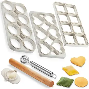 Ravioli Maker Press, Ravioli Press Mold Set - Round, Heart, Square Ravioli  Maker  with  Rolling Pin, 2.6" Empanada Maker Press Kit and Ravioli Wheel 3 count