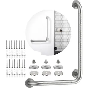 Brushed Nickel Angled Grab Bar 16x24 Inch,  Bathroom Safety Bar w/Anti-Slip Knurled Grip, Wall Mount L Shaped Shower Handle for  Senior Handicap, Toilet Bathtub  Support Bar