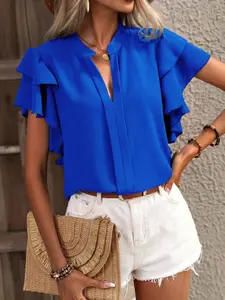 A fashionable women's V-neck T-shirt with lotus leaf cuffs, suitable for Casual daily wear, commuting, and travel