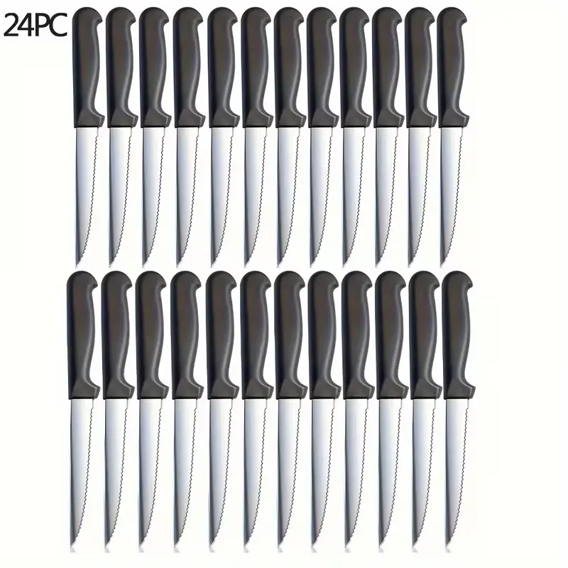 24-piece steak knife set with serrated blades and black plastic handles, ideal for family gatherings, wedding parties, and restaurant use. High-quality cutlery for steak cutting