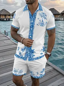 Manfinity RSRT Men's Vacation Palm Tree Digital Print Shirt And Shorts Casual Suit Set, Cozy Outfits