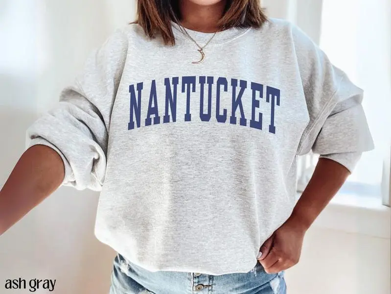 Varsity Nantucket Sweatshirt, East Coast Vacation Gift, Old Money Style, Fisherman Aesthetic Crewneck Sweater, Coastal Beach Vacation Shirt, Full Color, For Men, For Women, Casual, Classic Fashion