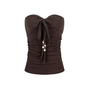 FDR 2-in-1 Ruched Tube Top with Beaded Tassel Convertible Halter Neck Cami Tank Top