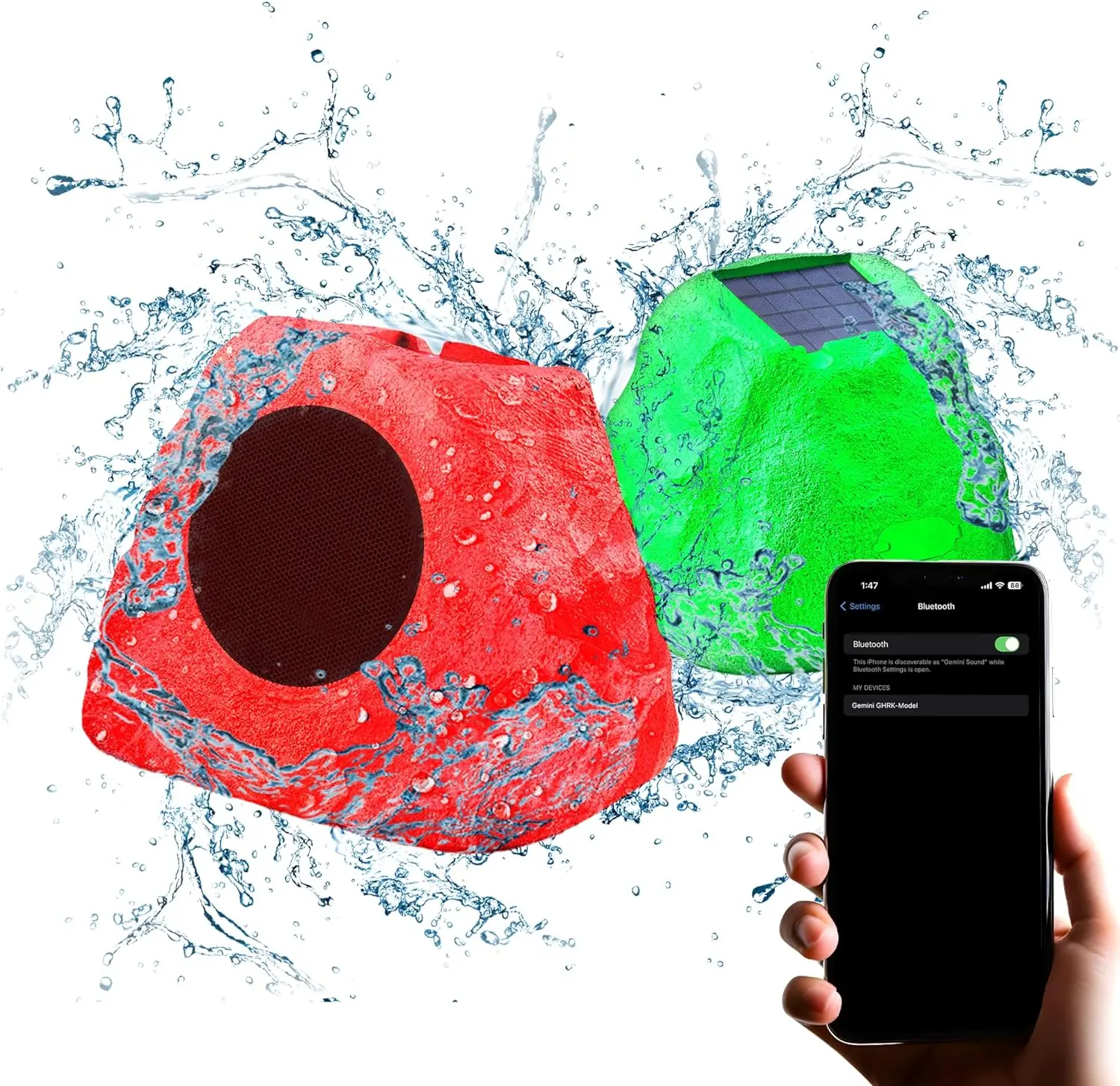 GHRK-500LTMS-PR: Portable Solar Bluetooth Rock Speaker, Weather-Resistant, Multi-Link, Wireless, LED Lighting