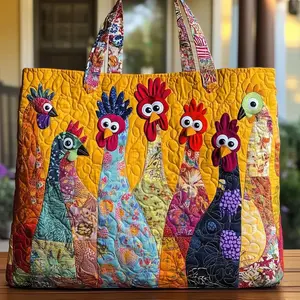 Boho Digital Printed Quilted Tote Bag Commuting LeisureBirthday Gift Fun Chicken Tote Bag,Cute ChickenPatchwork Tote,Quilted Fabric Shoulder Bag for Grocery,Travel & Gifts