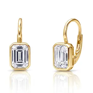 BERRICLE Sterling Silver Solitaire Leverback Drop Dangle Earrings for Women, 2.4 Carat Bezel Set Step Emerald Cut Cubic Zirconia CZ, Yellow Gold Flashed/Rhodium Plated