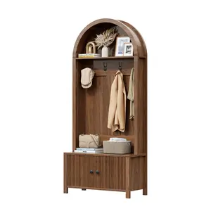 ZXVOIM 70.08" Tall Hall Tree with Bench and Shoe Storage, 4-in-1 Arch Coat Rack Freestanding with 2 Fluted Doors, Entryway Hall Tree, Farmhouse Organizer for Hallway, Entryway