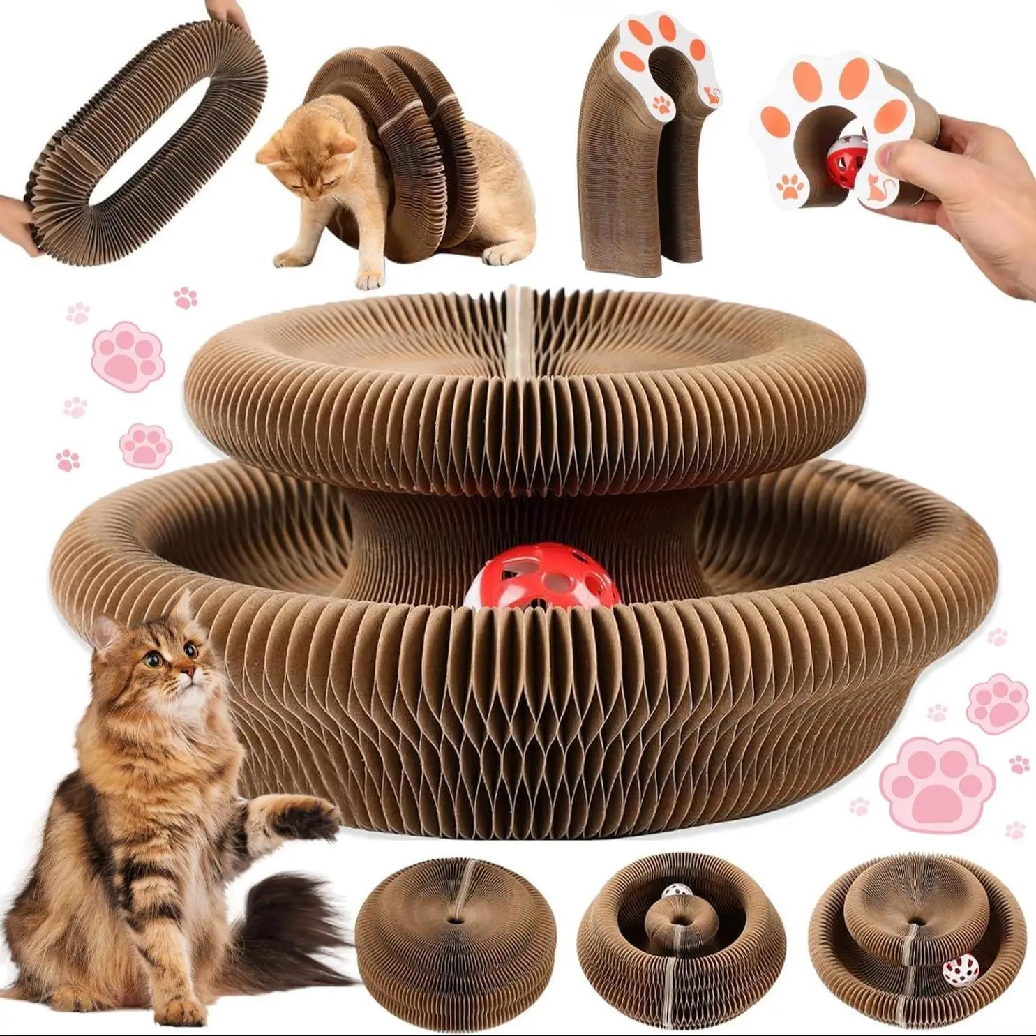 Interactive Cat Scratching Board with Random Color Ball, 1 Count Foldable Recyclable Cat Scratching Pads, Cat Accordion Toy for Indoor Outdoor