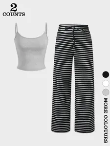 Women's Striped Sleeveless Vest Tank Top Set with Loose Straight Wide Leg Pants, Casual Comfortable Top and Bottom Sleepwear, Fall & Winter Home Wear