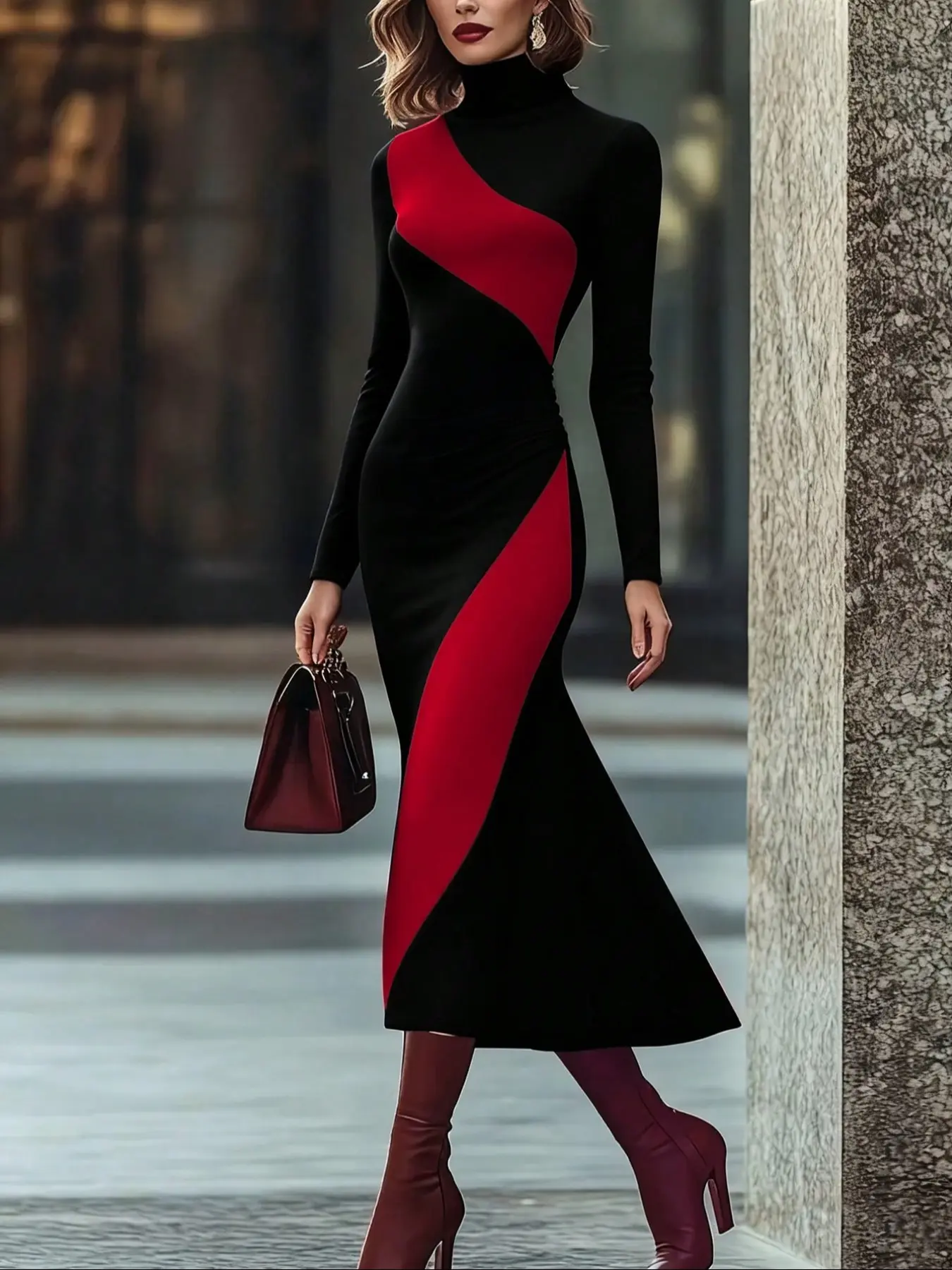Women's Elegant Chic High neck Turtleneck Dress, Color Block Knit Long Sleeve Fitted, Versatile Office, Formal, Evening & Daily Wear, New Year Festival Party Dress