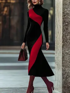 Women's Elegant Turtleneck Dress, Color Block Knit Long Sleeve, Versatile Office & Daily Wear, New Year Festival Party Dress