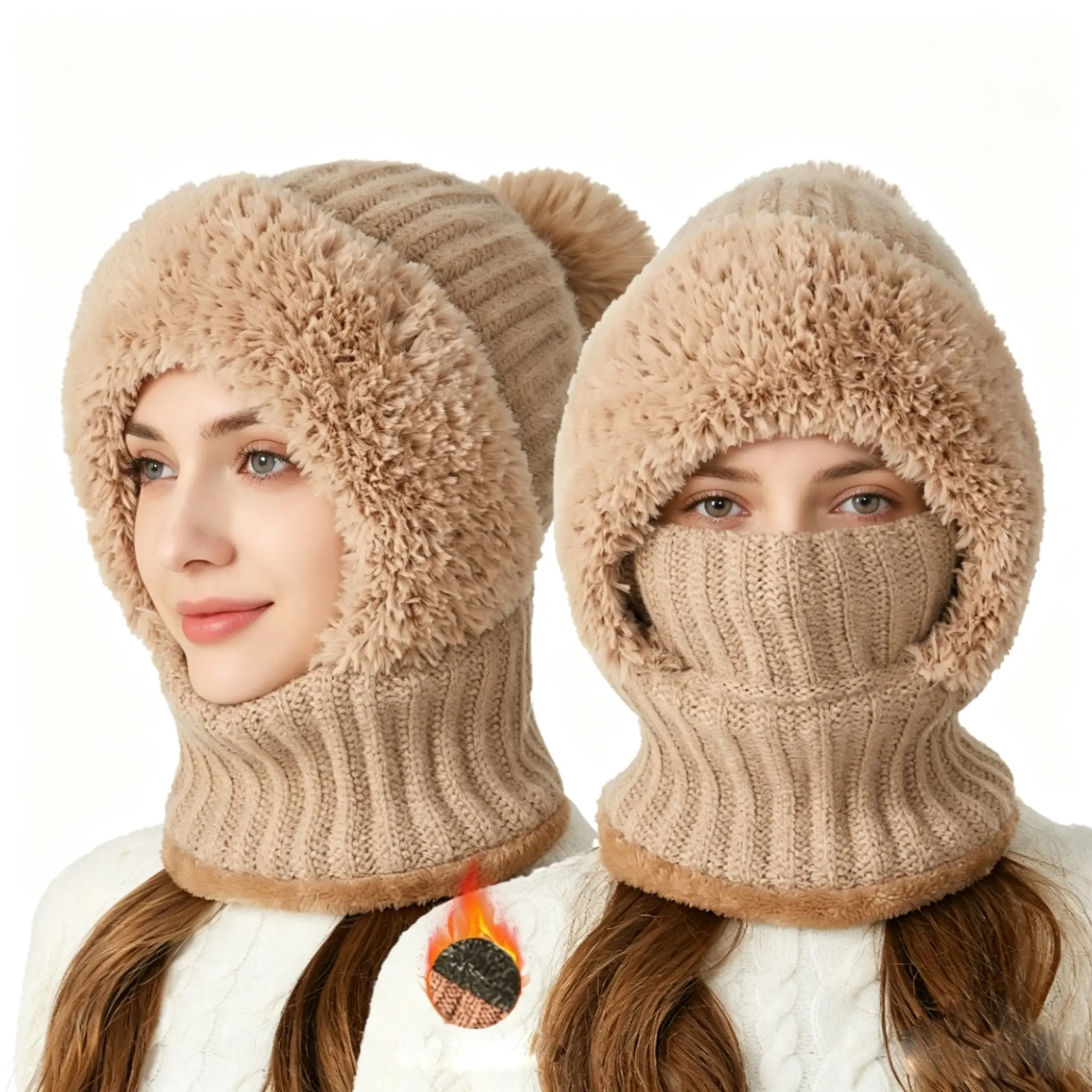 Women's Winter 1-Piece Slouchy Fleece Balaclava Set - Beanie, Face Mask, Neck Scarf, Earmuffs for Ski, Snow Sports