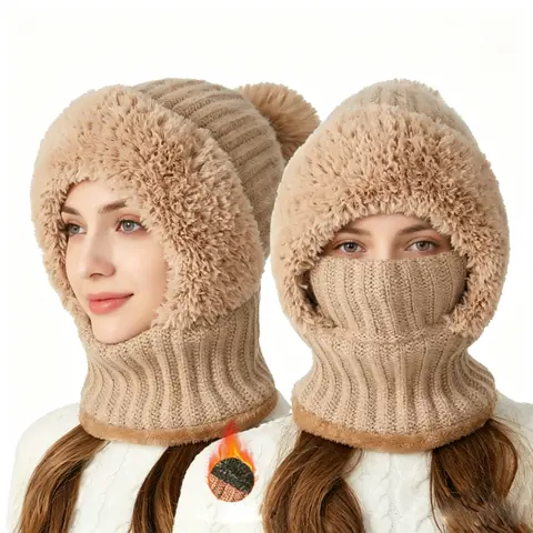 Women's Winter One-Piece Slouchy Fleece Balaclava Set - Beanie with Built-In Face Mask, Neck Scarf & Earmuffs, Soft Fleece Insulation, Complete Coverage for Skiing, Snow Sports & Cold Protection