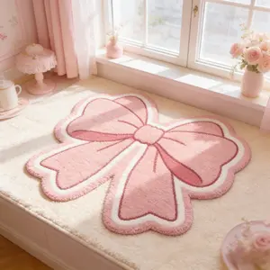 Korean Style Cute Living Room Carpet Cartoon Pink Bow Bedroom Decoration Bedside Rug Irregular Shape Dressing Table Plush Carpet Ins Style Entrance Door Washable Floor Mat Fluffy Soft Cloakroom Non-slip Carpet
