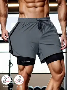 Men's Fashionable Breathable Quick-Dry Two-Piece Leggings &, Lightweight Drawstring Fitness, Running and Training Cycling Pants for Summer, Drawstring Sports Shorts, Gym Shorts with Pocket for Phone and Towel Athletic Running Shorts