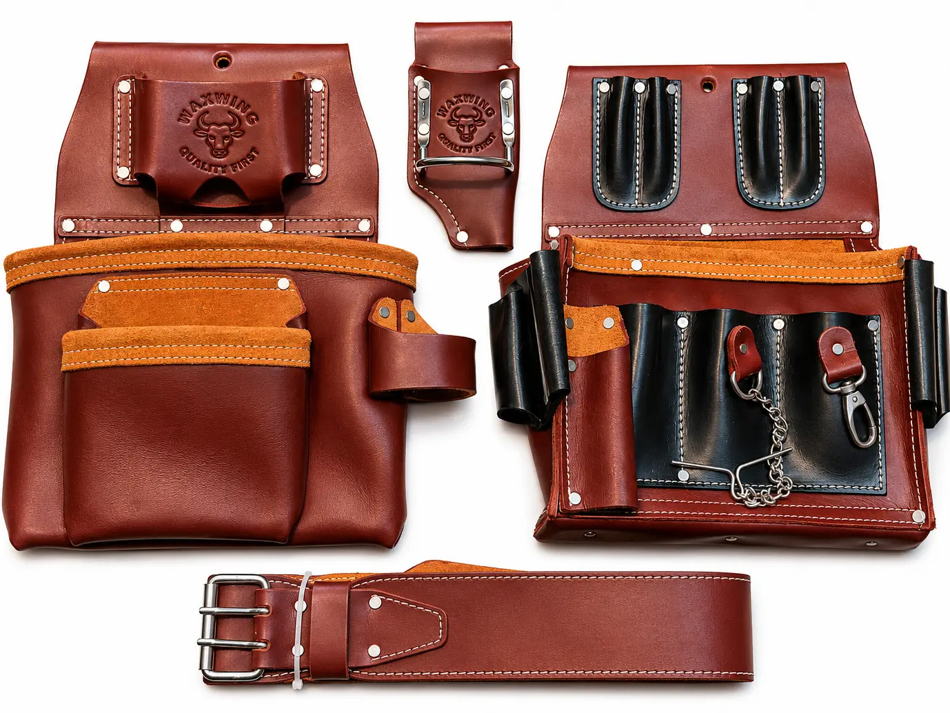WAXWING Buffalo Leather Electrician Tool Belt System WTB7002 - Industrial-Grade Rivets, Reinforced Metal Buckles, Weight Balance, Solid Construction, Adjustable Strap, Work Tool Organizer, Balanced Weight Distribution