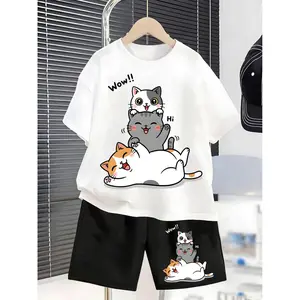 Short-Sleeved Set New Summer Cartoon Cat Wow!!Hi! Cute Print T-Shirt Shorts Two-Piece Set, for Outdoor