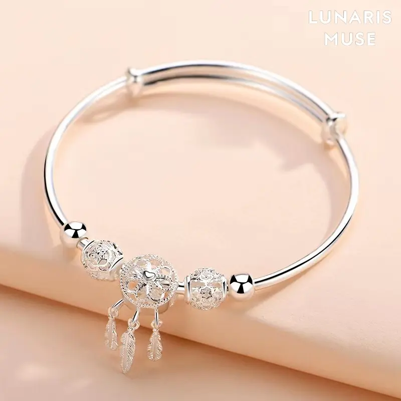 【Lunaris Muse】Enchanted Dreams Adjustable Bracelet - Silver-Plated Dream Catcher Heart Charm