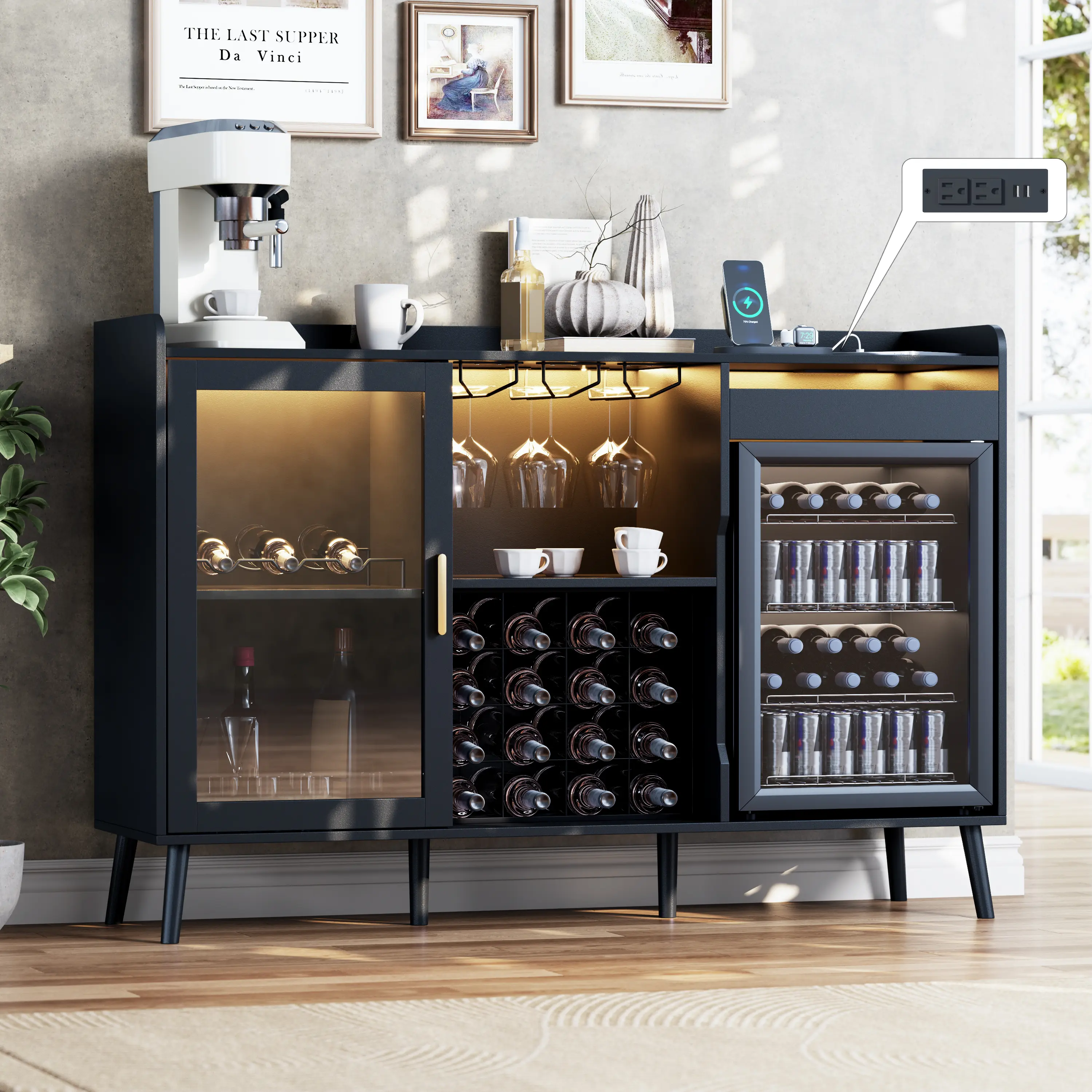Gyfimoie Coffee Bar Cabinet with Fridge Space, Black Wine Cabinet with Charge Station & Led Light, Modern Liquor Cabinet with Wine Rack & Drawer, Sideboard Buffet Cabinets for Dining Room, Living Room