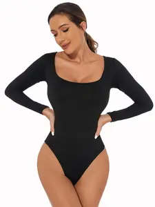 Women's Solid Square Neck Long Sleeve Shapewear Bodysuit, High Stretch Tummy Control Butt Lift Shaper, Ladies Shapewear for All Seasons