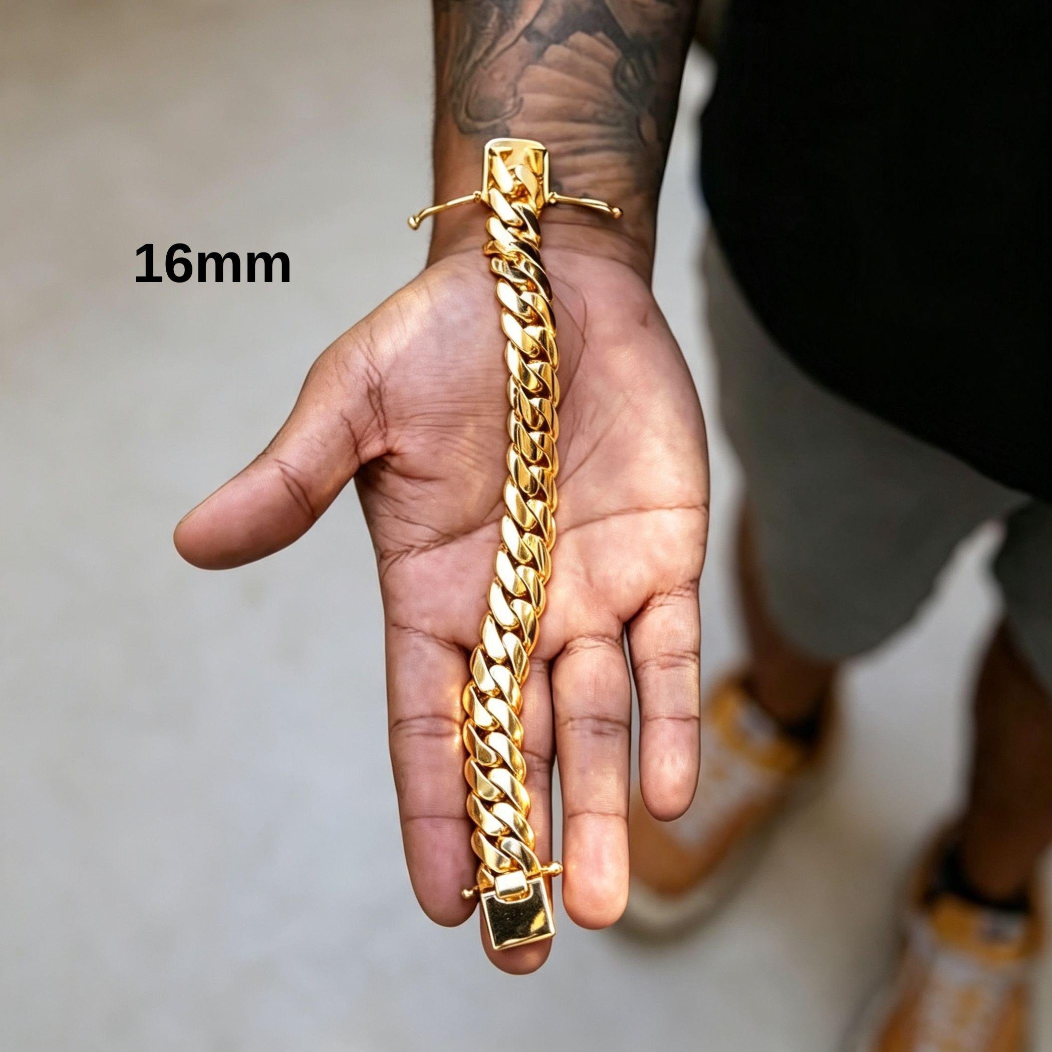 Men's 14K Gold Plated Cuban Link Chain Bracelet, Heavy Solid Miami Cuban Jewelry, Stainless Steel Waterproof No Tarnish Bracelet, Hip Hop Streetwear Jewelry Gift,High Quality Jewelry Bracelet