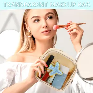 Cosmetic Bags, Preppy Patch Cosmetic Bags, Visual Transparent Waterproof Zipper Cute Lipstick Makeup Bag, Nylon Cute Sweet Change Bag, Mini Square Small Item Storage Bag, Women's Gift Souvenir Small Wallet Initial Letter Clear Preppy Makeup Bag