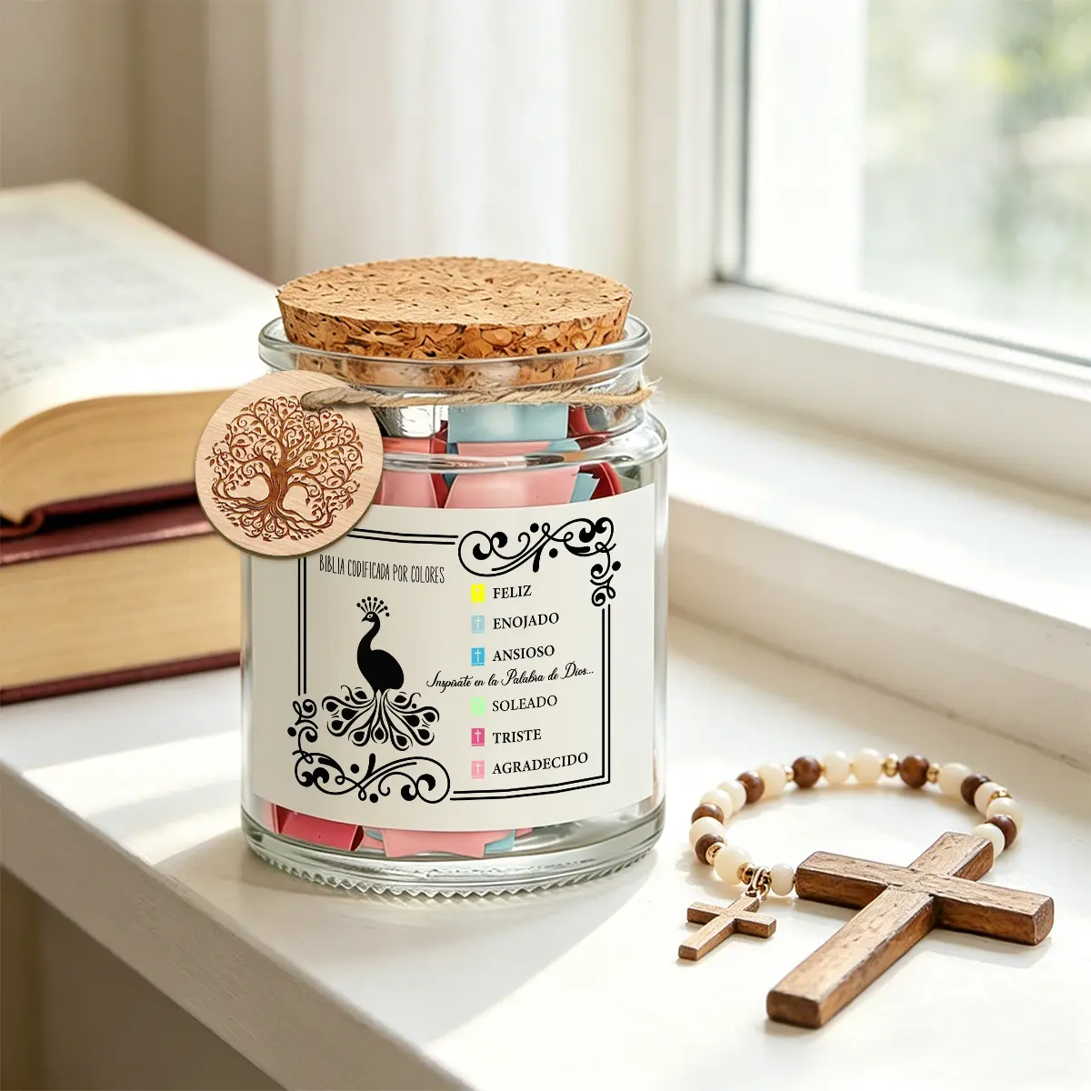 1 Set Spanish Emotional Bible Verse Jar with Color Coded Scripture Cards, Inspirational God’s Word Notes in Spanish for Different Moods, Christian Religious Gift, Peacock Print & Tree of Life Charm, Cork Lid Glass Prayer Jar