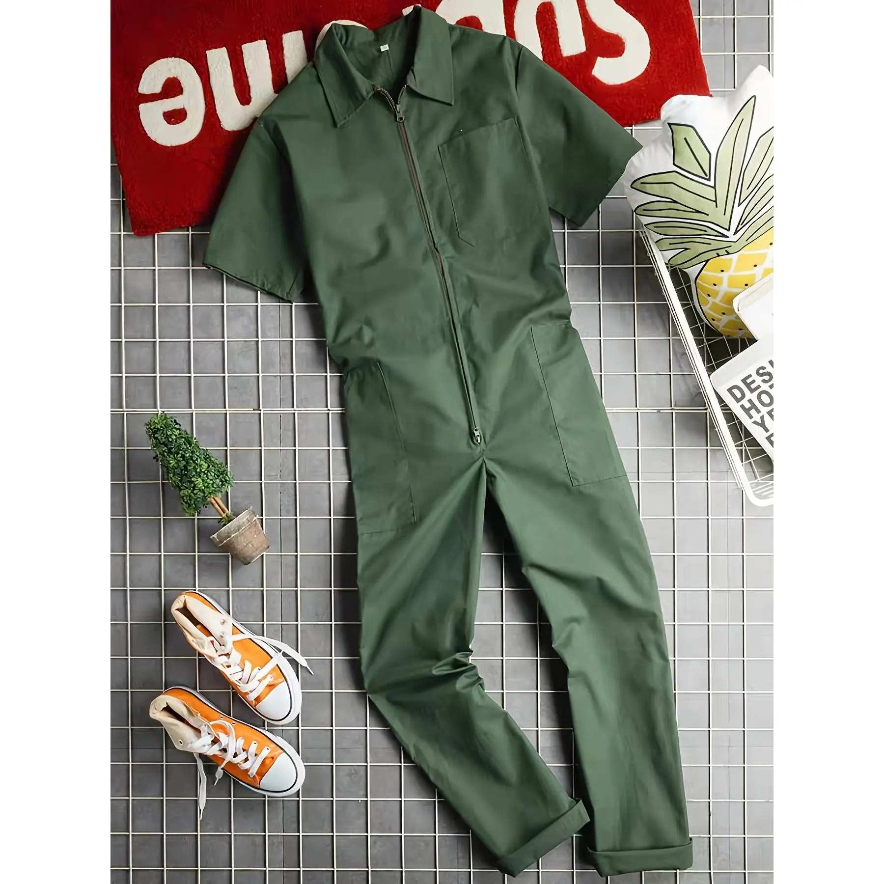 Men's Lightweight Breathable Summer Overalls - Double Zipper Jumpsuit with Elastic Waistband & Lapel Collar, Durable Fabric, Machine Washable Loose Fit for Work, Sports & Casual Wear, Summer Sports Attire |   Sporty Look |   Smooth Texture