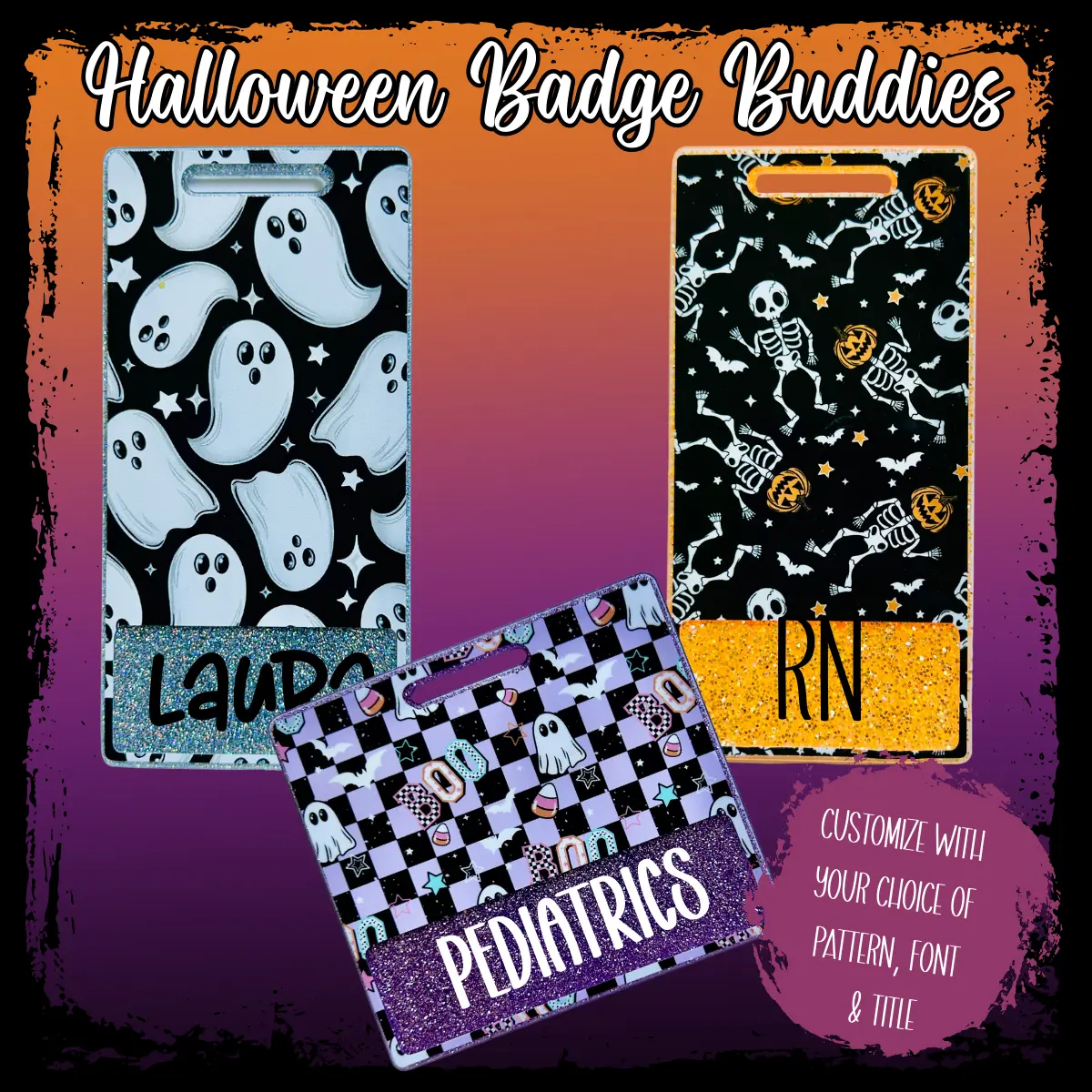 Halloween Badge Buddies - Custom Badge Backers - Personalized ID Badge Holders - Handmade Gifts for Nurses, Teachers & Office Workers