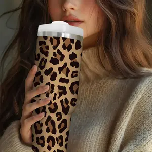 30oz Leopard Print Vacuum Flask, Stainless Steel Insulated Water Bottle Tumbler with Straw & Lid, Portable Travel Drinking Cup for Outdoor, Drinkware