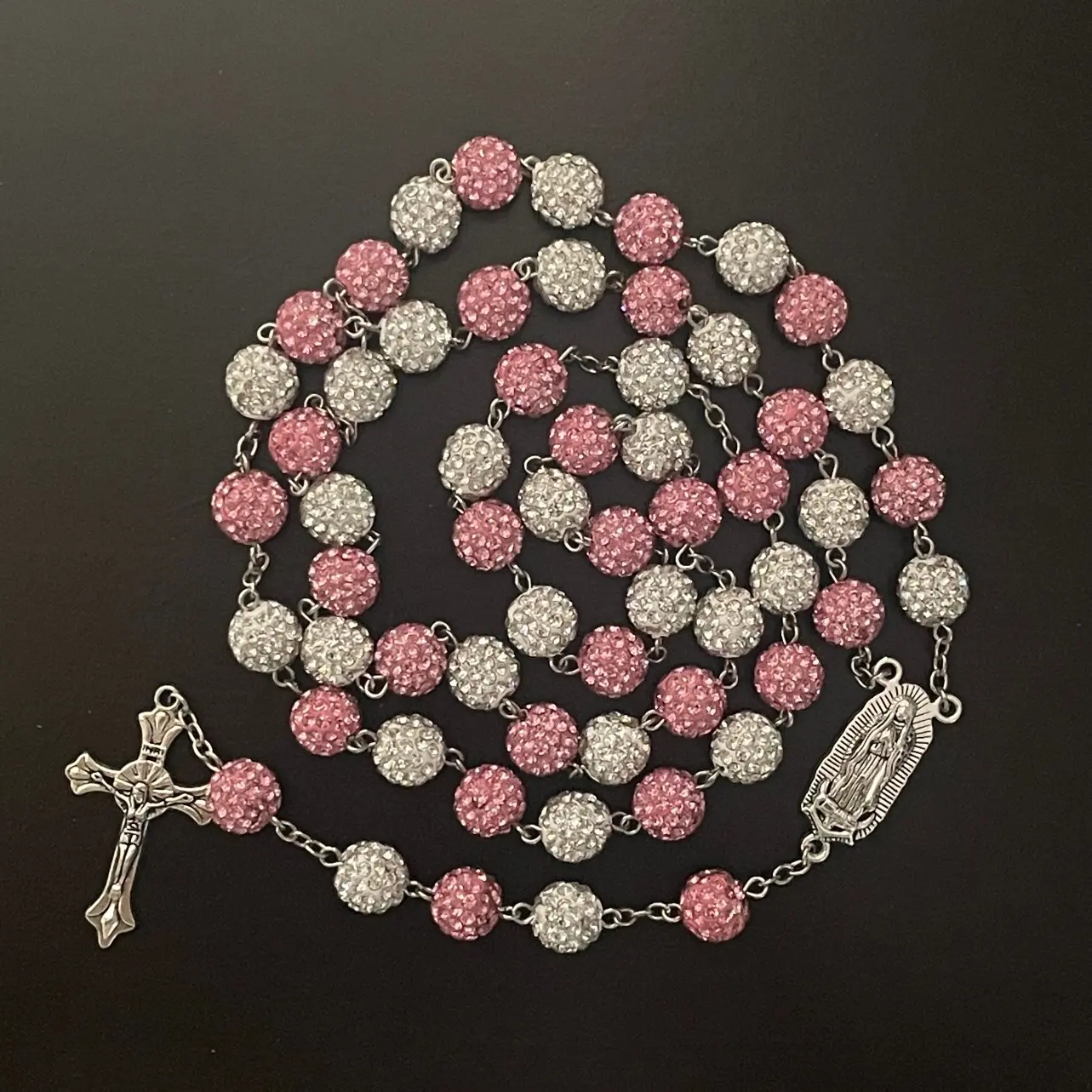 Pink and White Glam Rhinestone Catholic Rosary