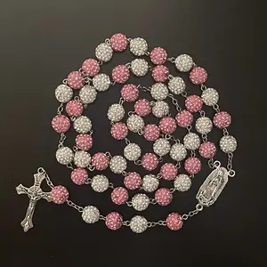 Pink and White Glam Rhinestone Catholic Rosary